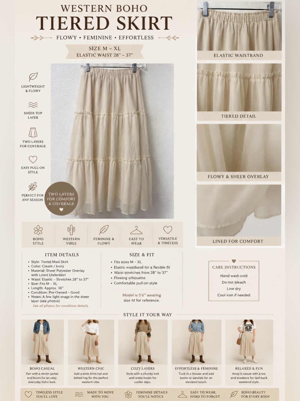 Western Bohemian Tiered Maxi Skirt - Cream - double layered